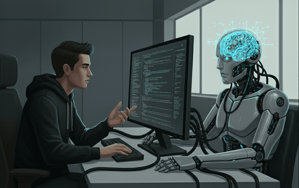 A robot with a friendly face sitting at a desk and thinking, representing the "LLM" we imagine.