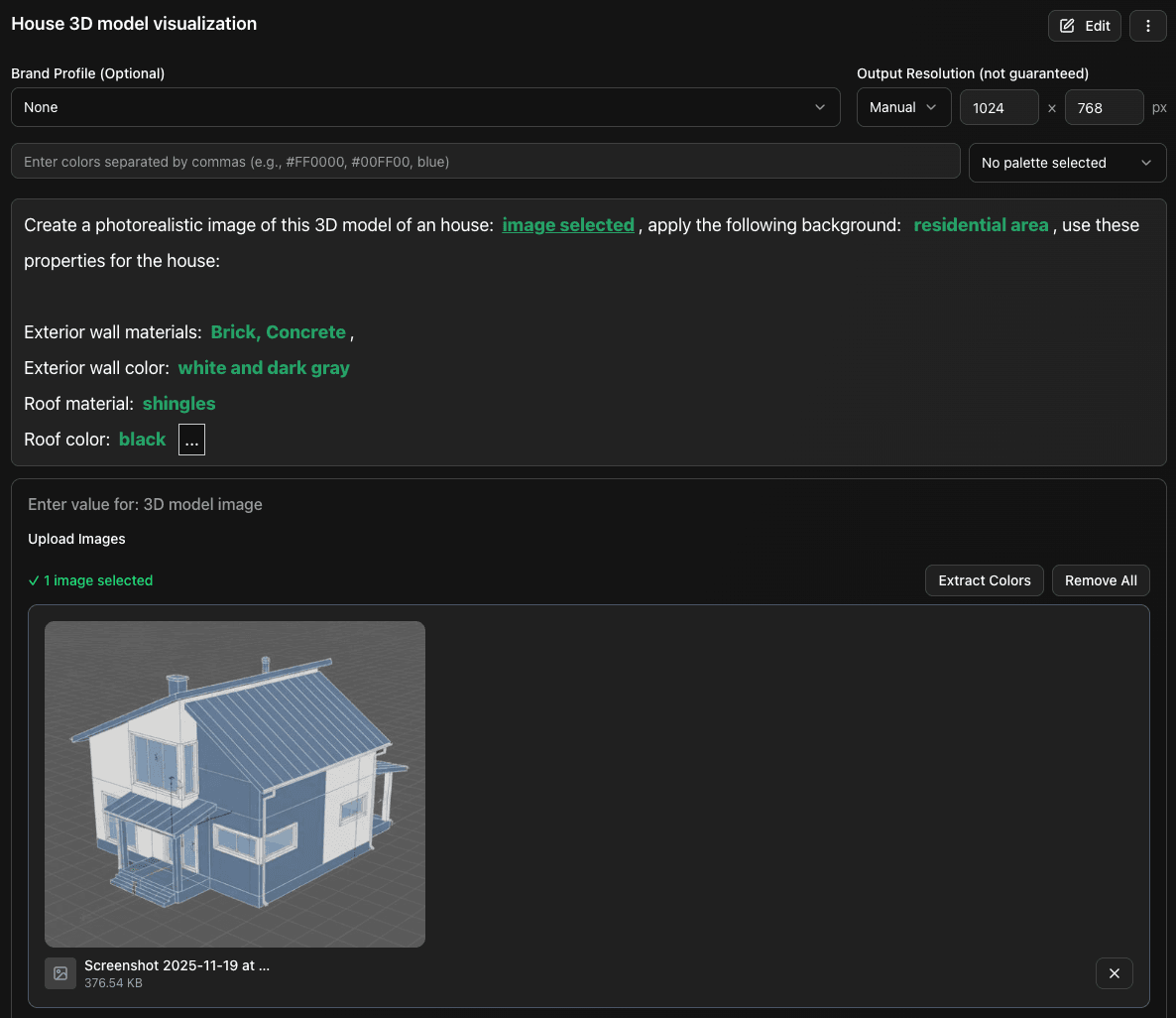 Screenshot illustrating a custom architectural prompt being configured, showing parameter settings and fields.